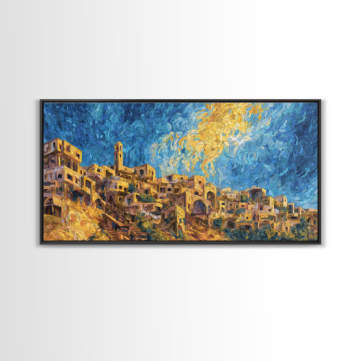 Swirling Sky Desert Village Framed Canvas Print, African Landscape Wall Art, Dreamy Blue Gold Home Decor, Unique Gift Idea