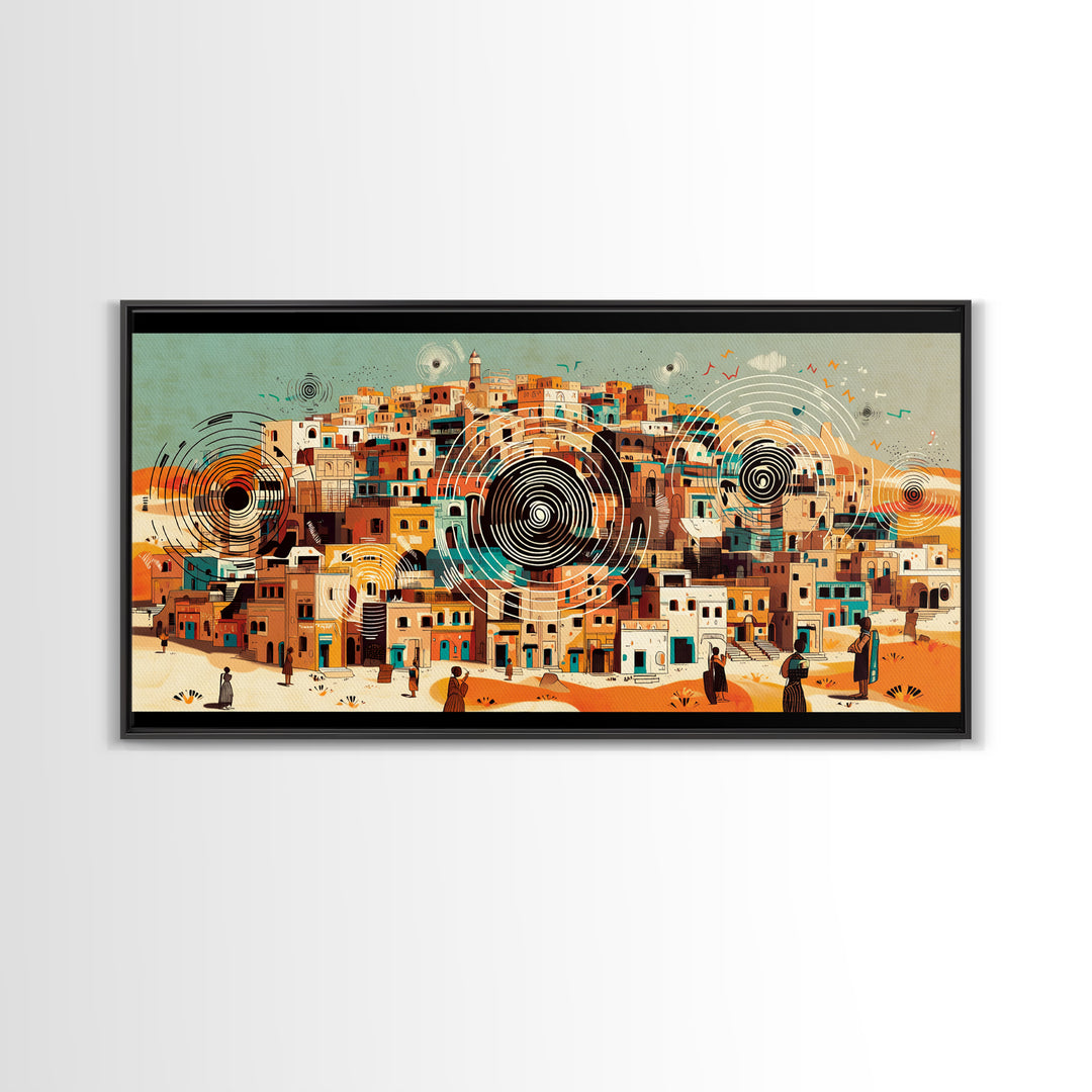 Panoramic Desert City With Circular Motifs Canvas Print, African Landscape, Modern Wall Art, Terracotta Home Decor Gift For Him