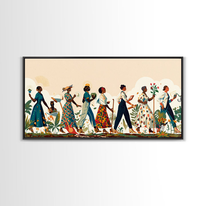 Elegant African Women Procession Wall Art, Floral Ankara Dresses, Feminine Afrocentric Decor, Black Woman Art Gift For Her