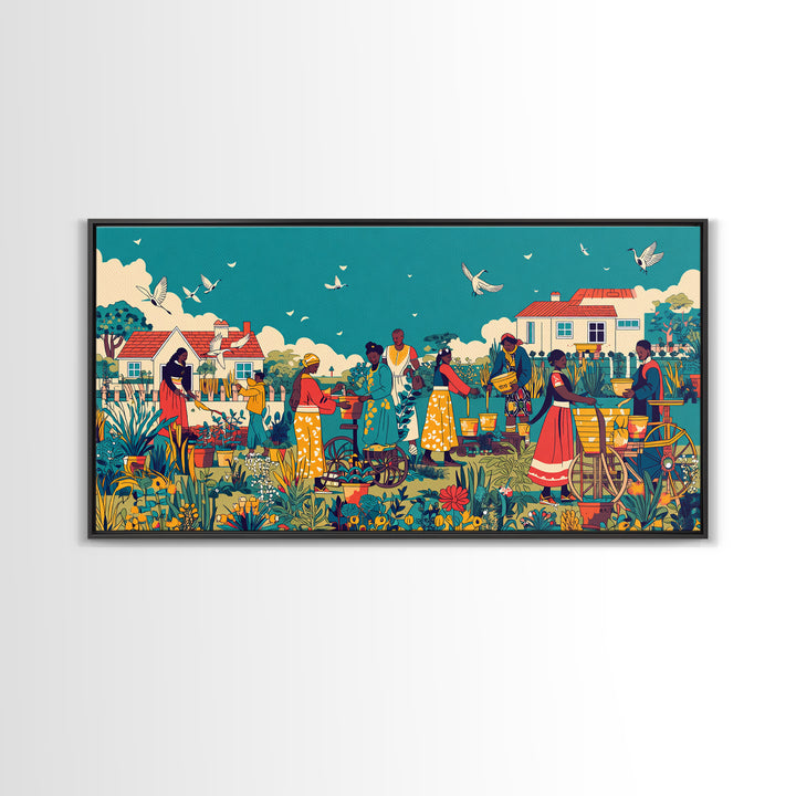 Joyful African Village Garden Canvas Print, Black Women Community Scene, Colorful Afrocentric Wall Decor, Housewarming Gift