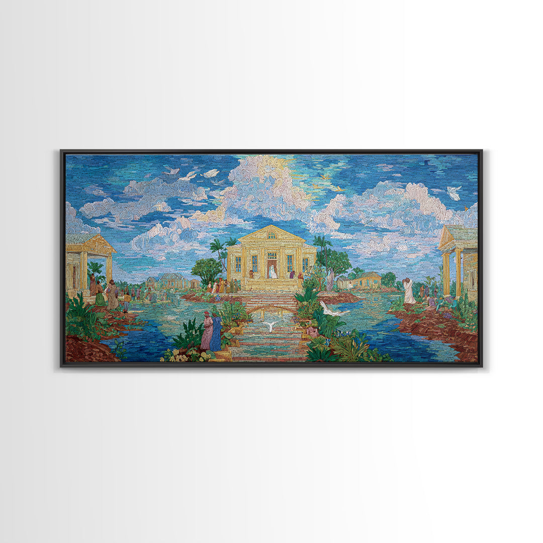 Dreamy Temple Lake Landscape Wall Art, Blue Impressionist Nature Scene, Spiritual African Inspired Decor, Elegant Home Gift