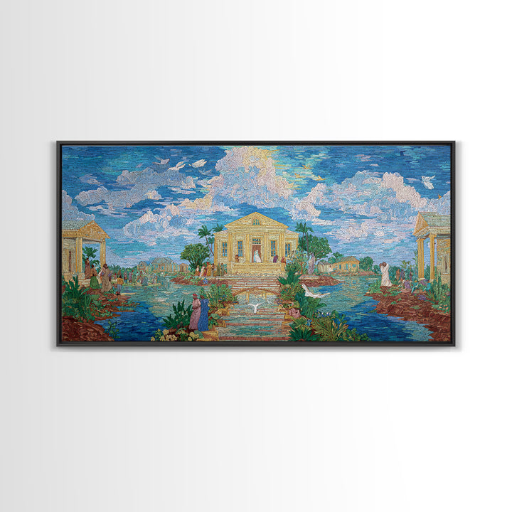 Dreamy Temple Lake Landscape Wall Art, Blue Impressionist Nature Scene, Spiritual African Inspired Decor, Elegant Home Gift