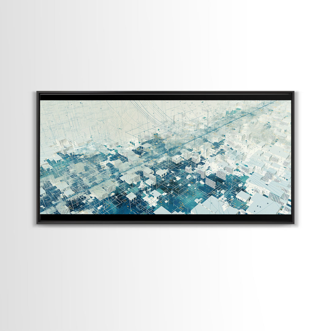 Abstract Blue City Grid Canvas Print, Minimalist Digital Landscape, Modern Wall Art, Cool Geometric Office Decor Art Gift