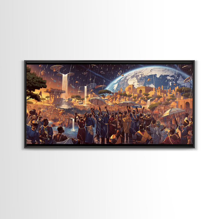 Afrofuturist African City Celebration Framed Canvas Print, Black Culture Art, Afrocentric Wall Art, Bold Home Decor, Statement Piece