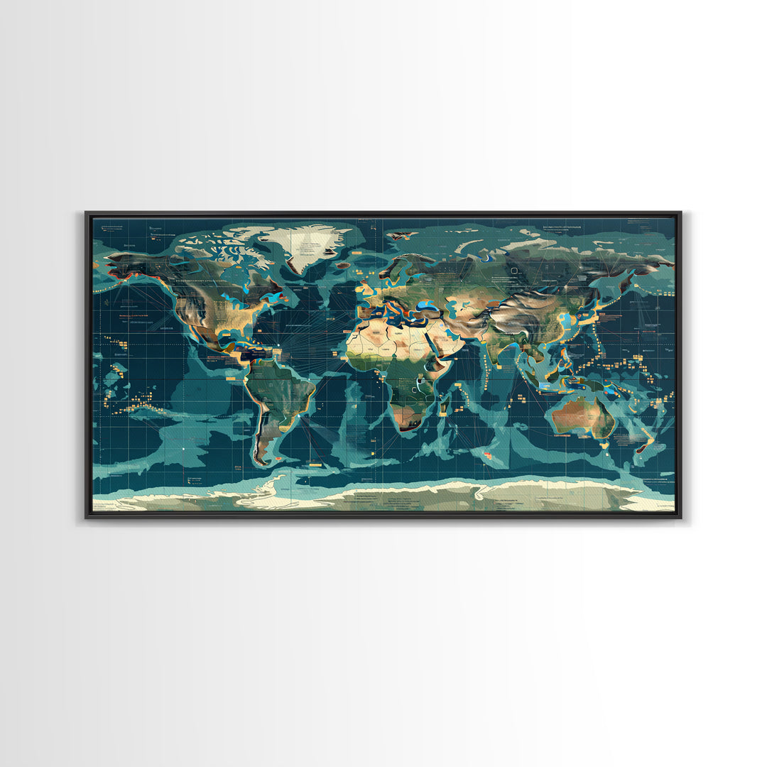 Teal Illustrated World Map Wall Art, Digital Art, Office Decor, Modern Wall Decor, Large Canvas Wall Art, Gift For Travelers