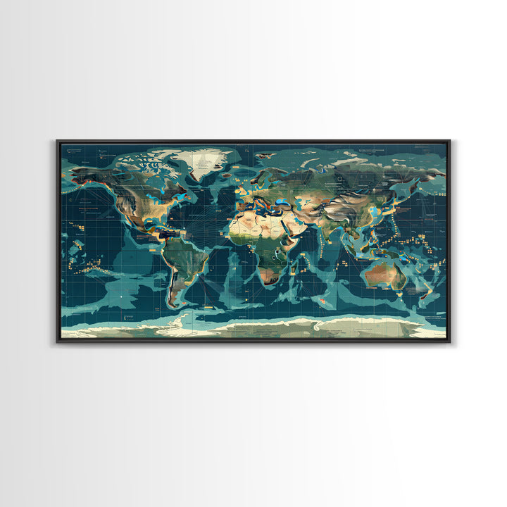 Teal Illustrated World Map Wall Art, Digital Art, Office Decor, Modern Wall Decor, Large Canvas Wall Art, Gift For Travelers