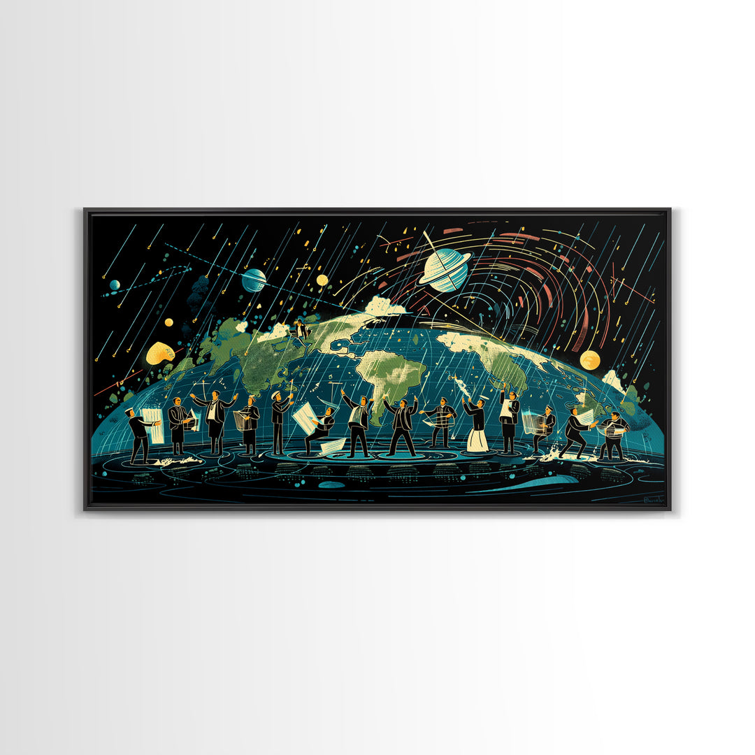 Cosmic Orchestra Over Earth Canvas Print, Digital Art, Modern Wall Art, Music Room Decor, Unique Canvas Art, Gift For Him