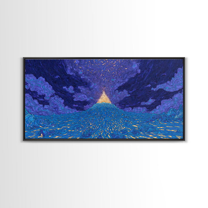 Glowing Golden Pyramid Over Blue Sea Wall Art, Mystical Wall Art, Spiritual Wall Decor, Dreamy Wall Art, Unique Home Decor
