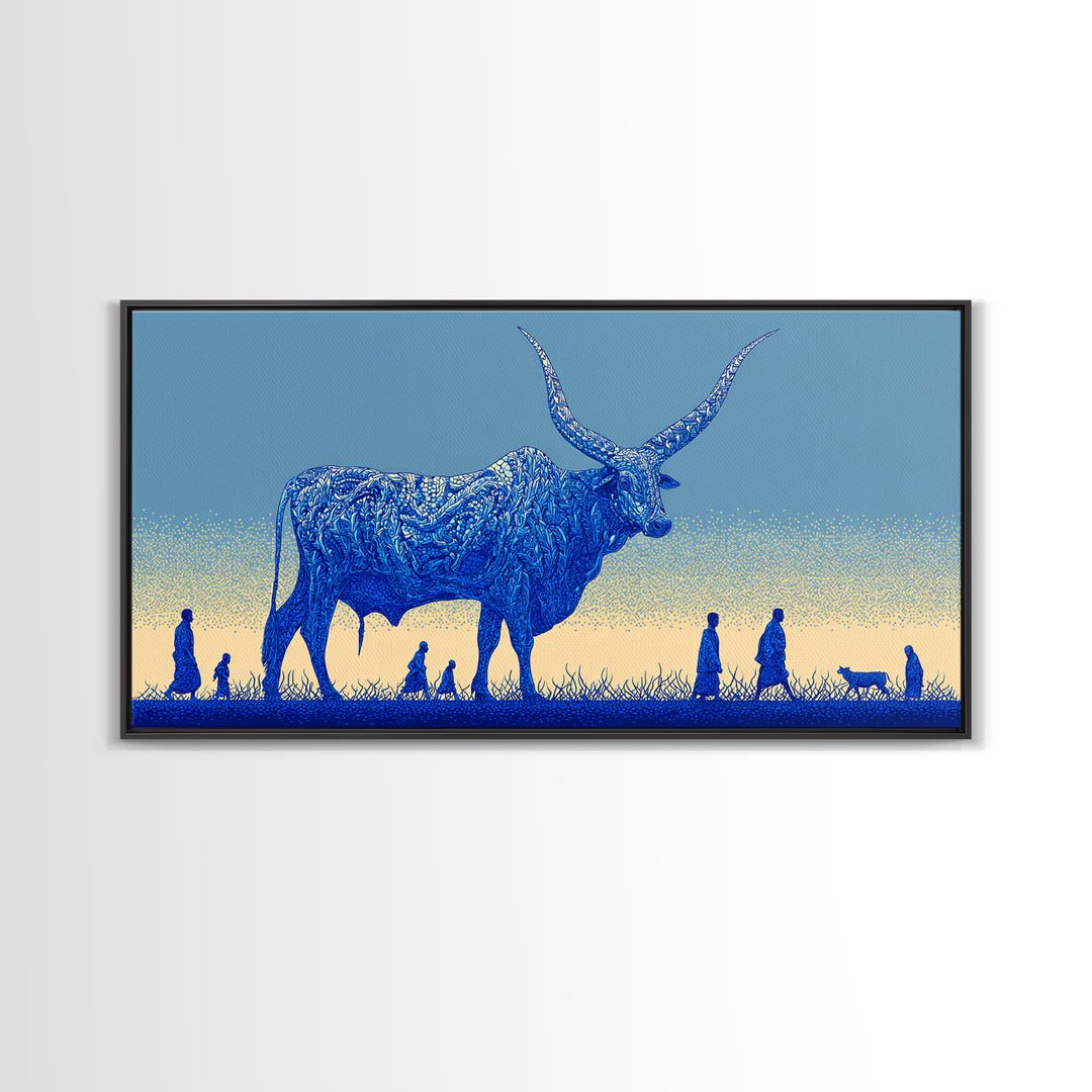 Giant Blue Longhorn Cattle Wall Art, African Animal Art Canvas Print, Safari Decor, Statement Living Room Wall Decor Gift