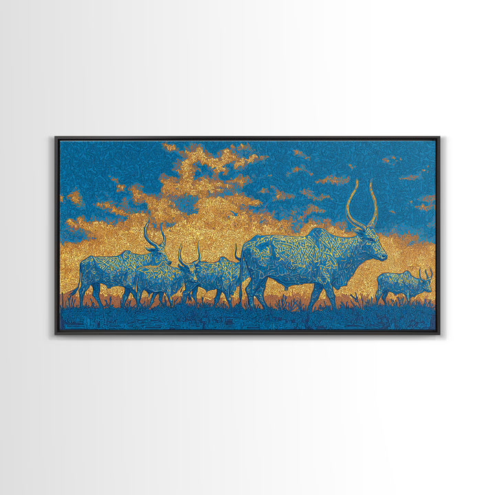 Blue And Gold Watusi Herd Wall Art, African Safari Art Canvas Print, Savanna Landscape, Colorful African Wall Decor Gift