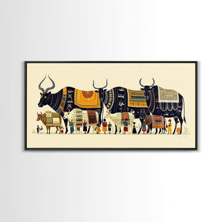 Patterned Watusi Cattle Parade Wall Art, African Fabric Canvas Print, Ankara Decor, Cultural Home Decor Unique Gift For Her