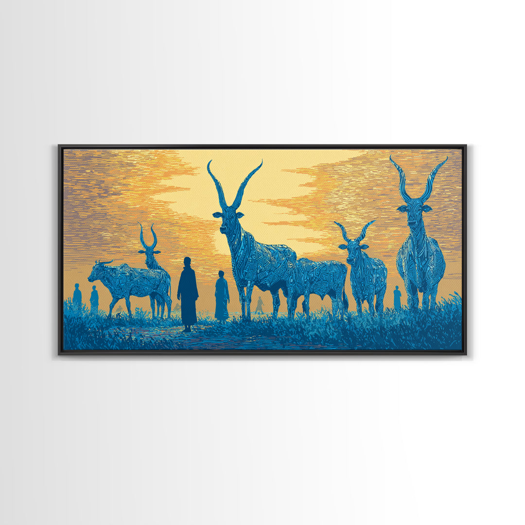 Blue Watusi Cattle Sunset Wall Art, African Safari Art Canvas Print, African Landscape, Rustic Living Room Decor Gift For Him