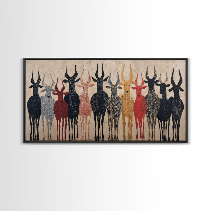 Tribal Antelope Herd Wall Art, African Tribal Art Canvas Print, Earth Tone Safari Decor, Bold Ethnic Wall Decor Gift For Home