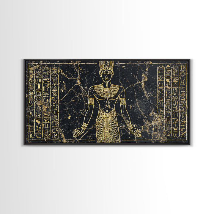 Gold Egyptian Queen Wall Art, African Egyptian Art Canvas Print, Hieroglyph Goddess Portrait, Black And Gold Home Decor Gift
