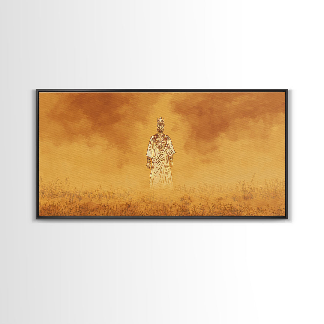 Golden African Spirit Figure Canvas Print, Mystical Savanna Landscape, Earth Tone Afrocentric Decor, Spiritual Wall Art Gift