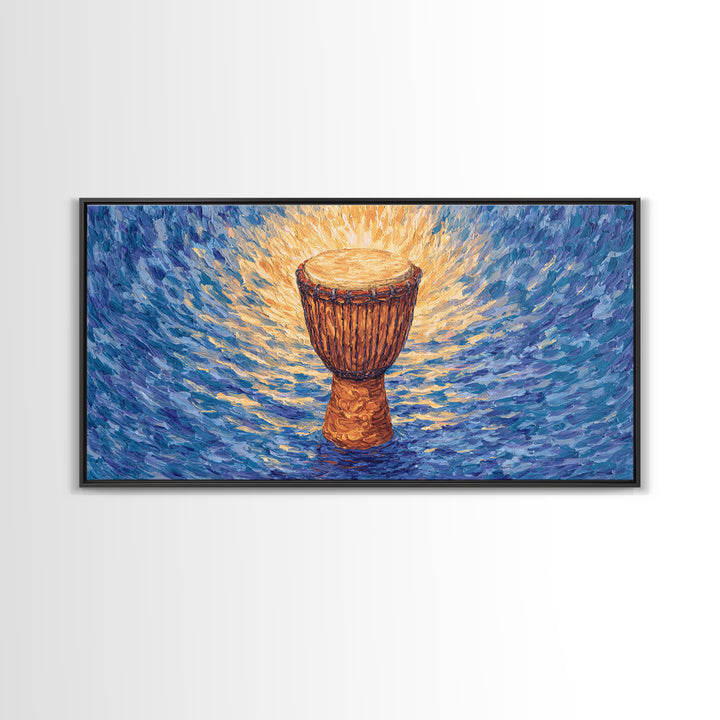 Solo Djembe Drum Framed Canvas Print, African Music Wall Art, Blue Gold Cultural Decor, Afrocentric Rhythm Gift For Living Room