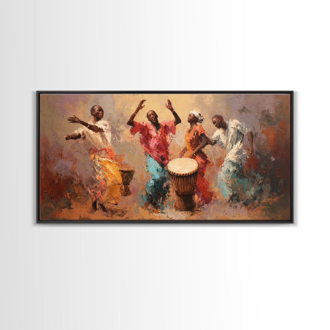 Joyful African Dancers With Drum Wall Art, Abstract Afrocentric Painting, Colorful Cultural Decor, Music Room Canvas Gift