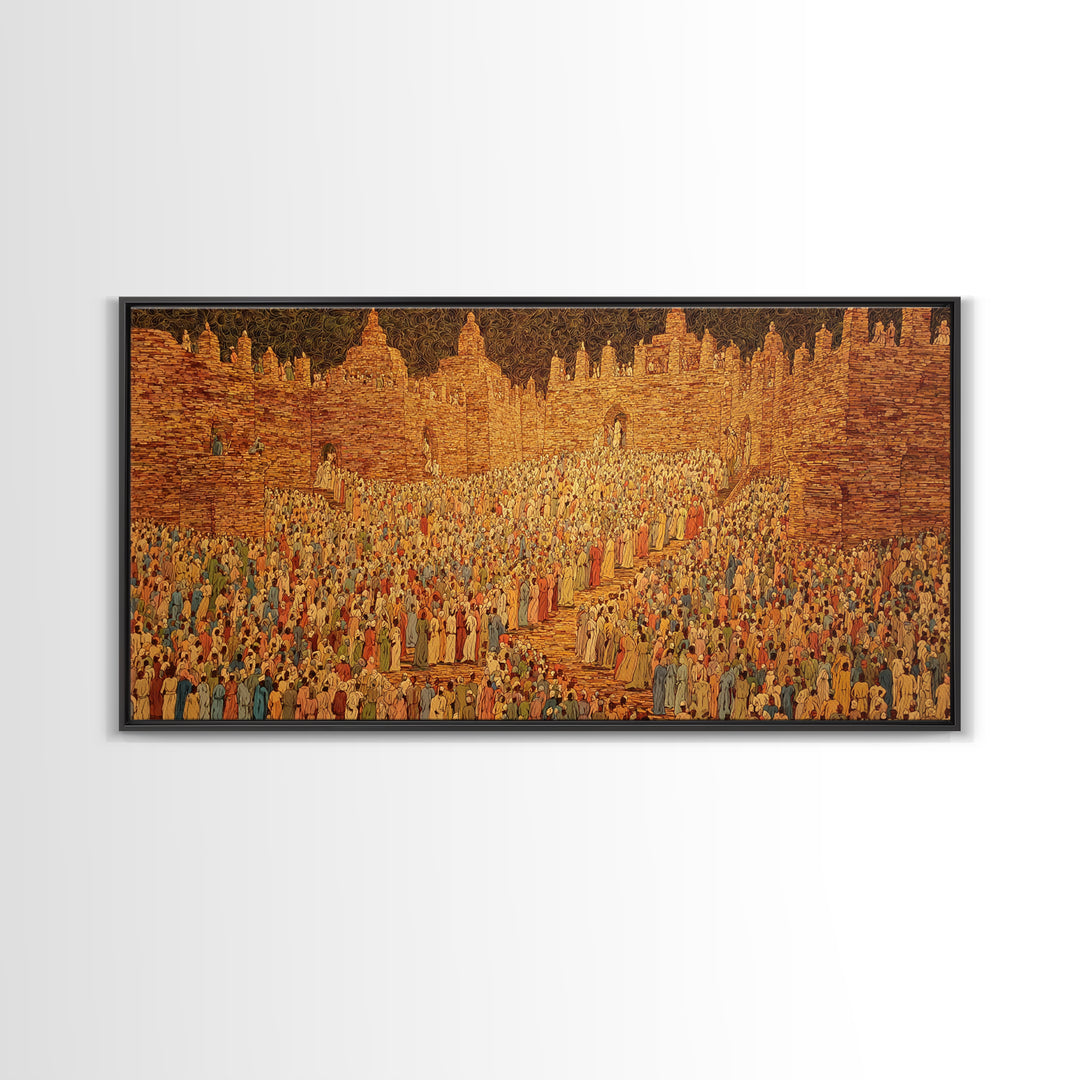 Golden West African City Crowd Canvas Print, Abstract Cultural Wall Decor, Ancient Architecture Art, Warm Earth Tone Gift
