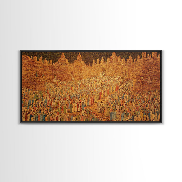 Golden West African City Crowd Canvas Print, Abstract Cultural Wall Decor, Ancient Architecture Art, Warm Earth Tone Gift