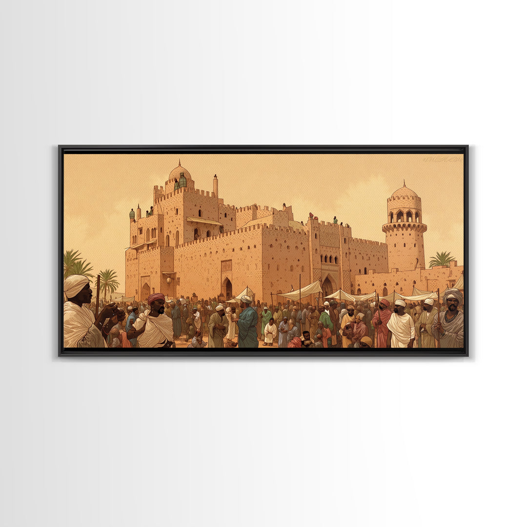 Desert Palace Market Framed Canvas Print, African Travel Wall Decor, Historic Cityscape Painting, Cultural Home Decor Gift