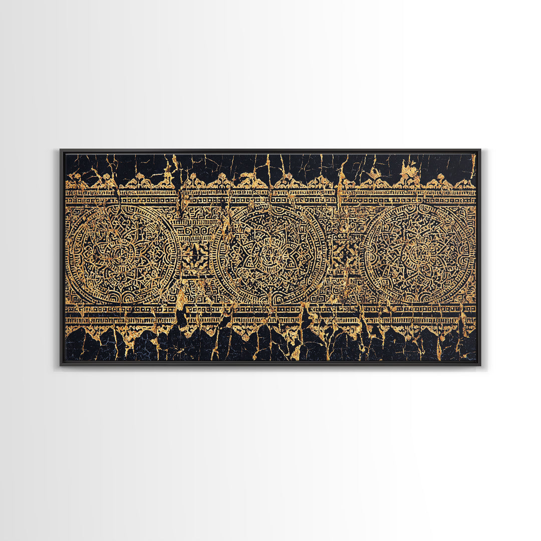 Gold Tribal Pattern Wall Art, African Abstract Textile Print, Black And Gold Decor, Boho Ethnic Home Decor Canvas Print Gift
