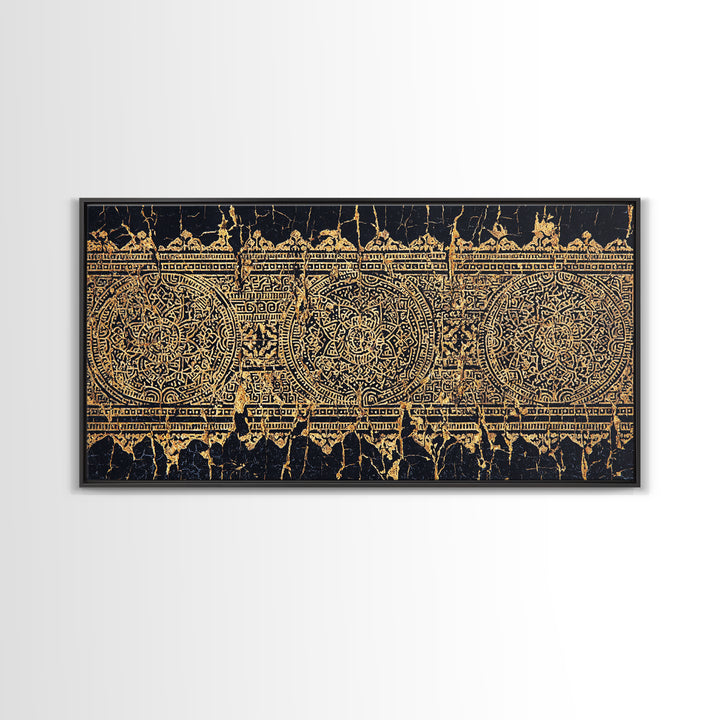 Gold Tribal Pattern Wall Art, African Abstract Textile Print, Black And Gold Decor, Boho Ethnic Home Decor Canvas Print Gift