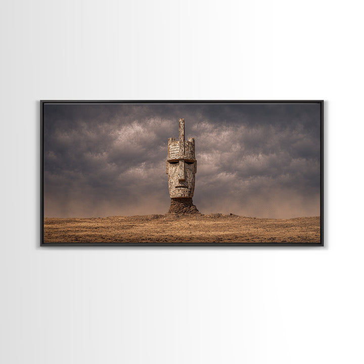 Weathered African Mask Framed Canvas Print, Desert Storm Sculpture Portrait, Tribal Wall Art, Mystical Cultural Decor Gift