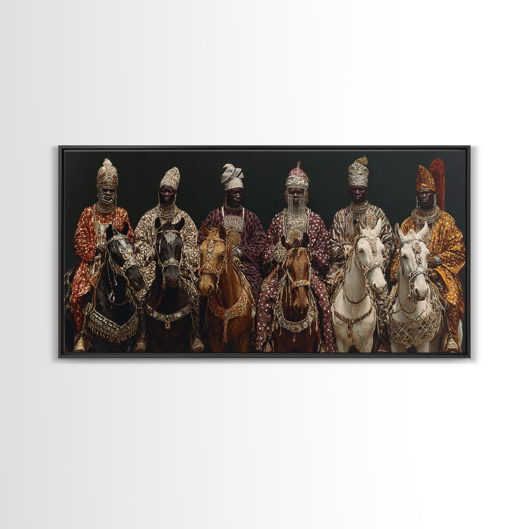 Royal African Horsemen Framed Canvas Print, Jeweled Cavalry Portrait Wall Art, Tribal Queen Decor, Luxury Home Decor Gift