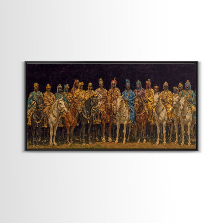 Golden African Royal Horsemen At Night Wall Art, Luxury Afrocentric Canvas Print, Traditional Tribal Decor, Statement Piece