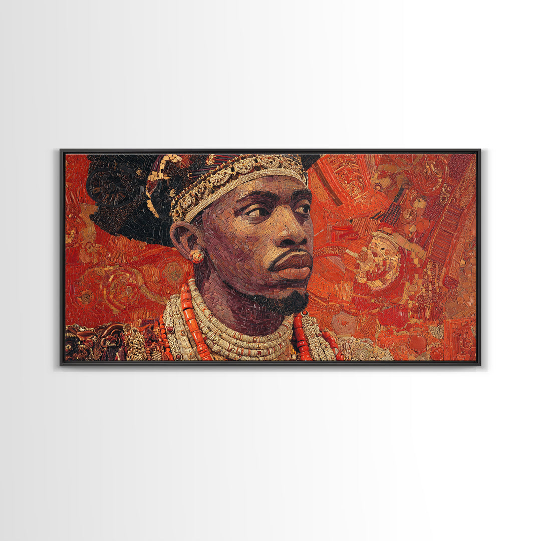 Ornate African Royal Man Portrait Framed Canvas Print, Afrocentric Black Art, Gold Jewelry Canvas, Cultural Heritage Wall Art