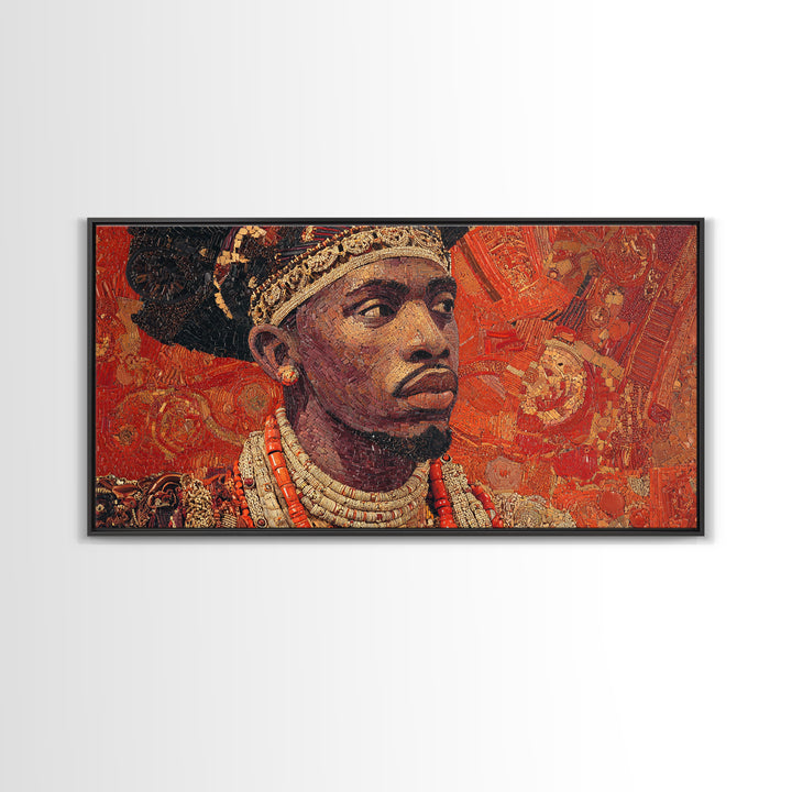 Ornate African Royal Man Portrait Framed Canvas Print, Afrocentric Black Art, Gold Jewelry Canvas, Cultural Heritage Wall Art