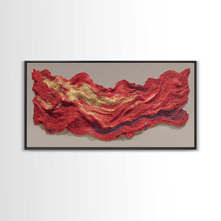 Red And Gold Beaded Wave Sculpture Wall Art, African Abstract Textile Decor, Luxury Canvas Print, Bold Contemporary Home Accent