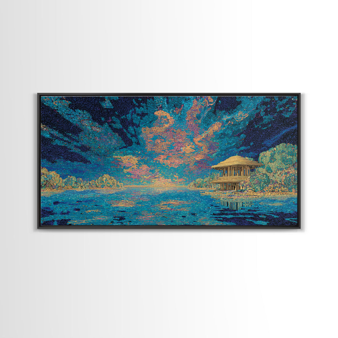 Moonlit Tropical Lagoon Hut Wall Art, Blue Coastal Landscape Canvas, Modern African Inspired Home Decor, Dreamy Living Room Art