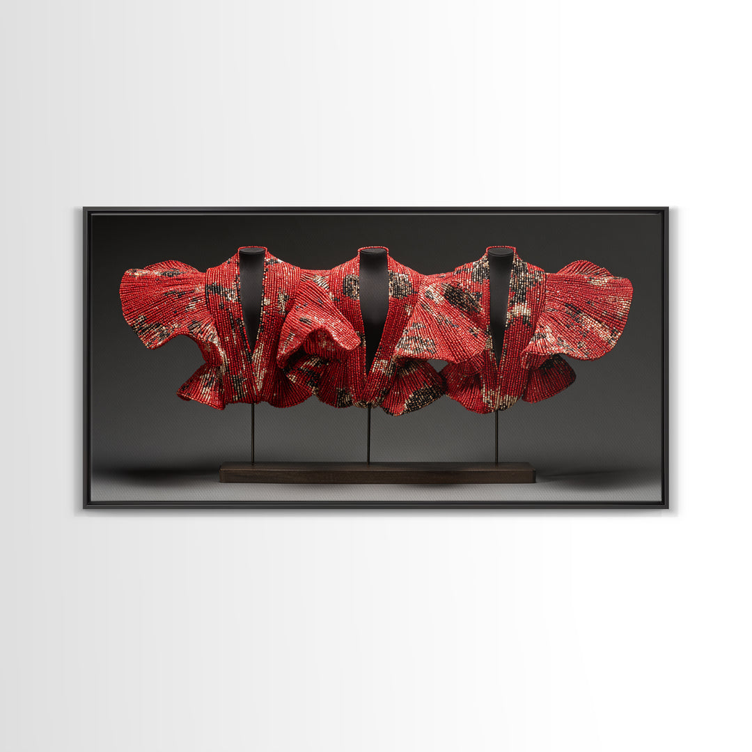Red Ankara Textile Sculpture Framed Canvas Print, African Fabric Wall Decor, Bold Afrocentric Art For Elegant Modern Home