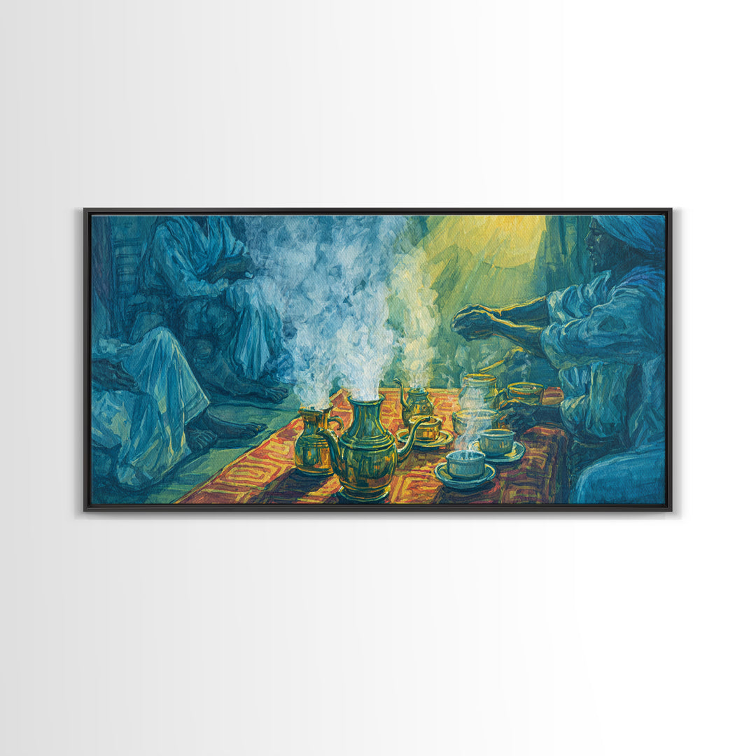 Blue Smoky Tea Ceremony Canvas Print, African Culture Art, Spiritual Wall Decor, Traditional Gathering Painting For Living Room