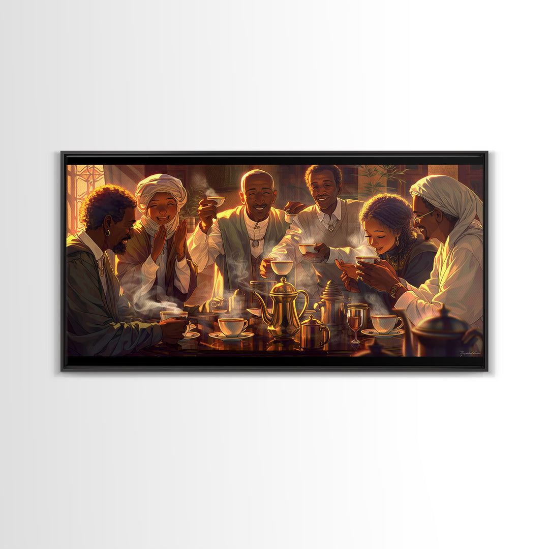 Joyful African Family Tea Gathering Wall Art, Black Culture Art Print, Warm Afrocentric Home Decor For Kitchen Or Dining Room