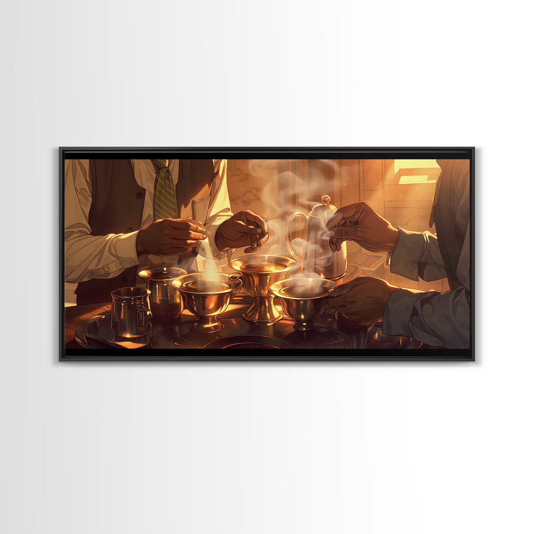Golden Hands Pouring Tea Canvas Print, African Inspired Kitchen Wall Decor, Cultural Art Print For Warm Dining Room Home Decor