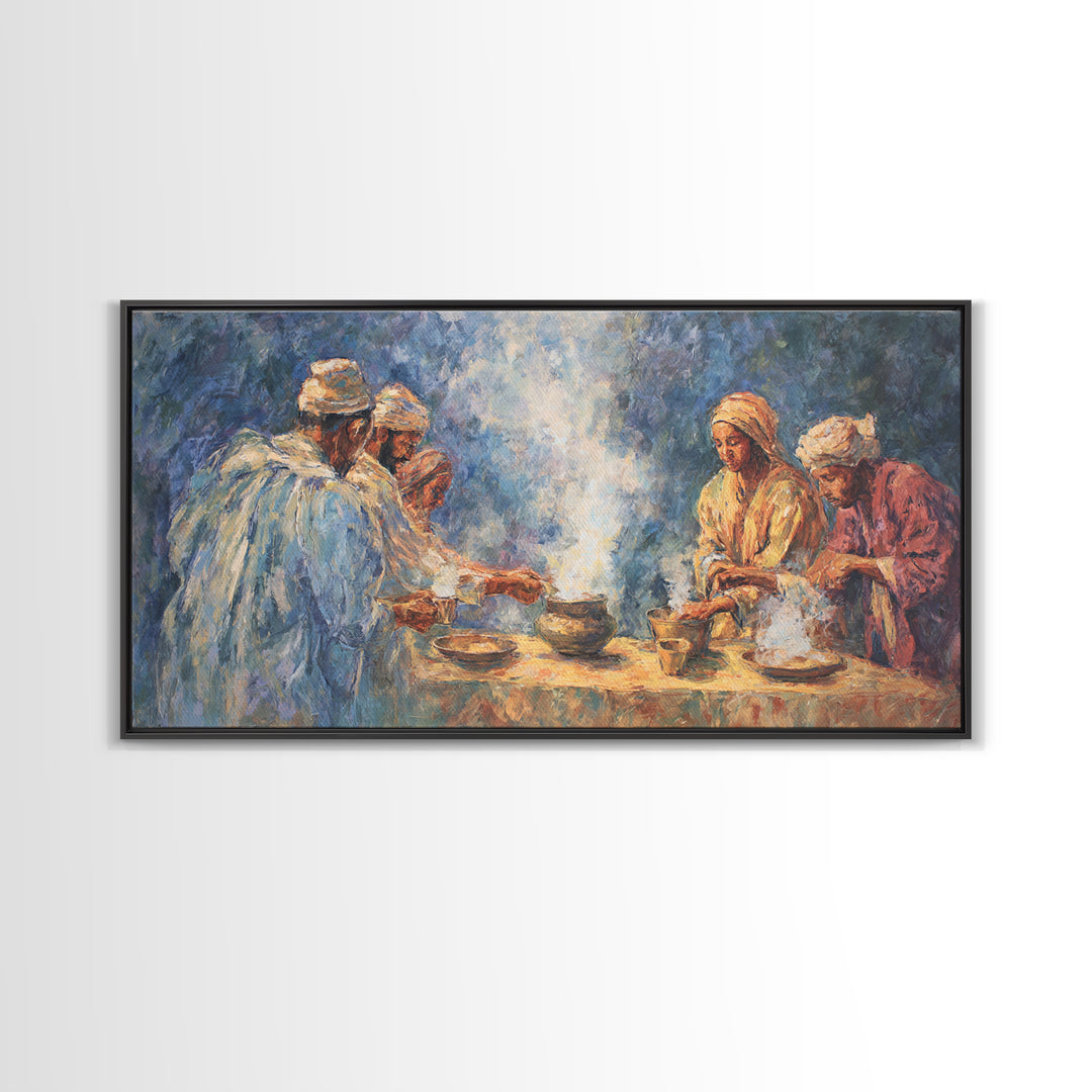 Traditional African Tea Ceremony Framed Canvas Print, Blue Robe Gathering Painting, Cultural Wall Decor For Boho Living Room