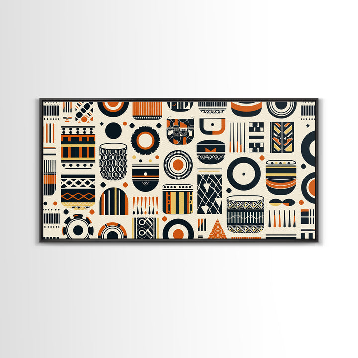 African Tribal Pattern Canvas Print, Black Orange Textile Wall Art, Afrocentric Geometric Decor, Boho Home Decor Gift For Living Room
