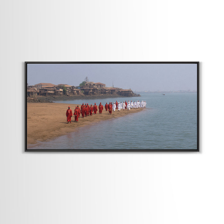 Red And White Beach Procession Wall Art, African Coastal Ceremony Canvas Print, Cultural Travel Decor For Living Room Gift