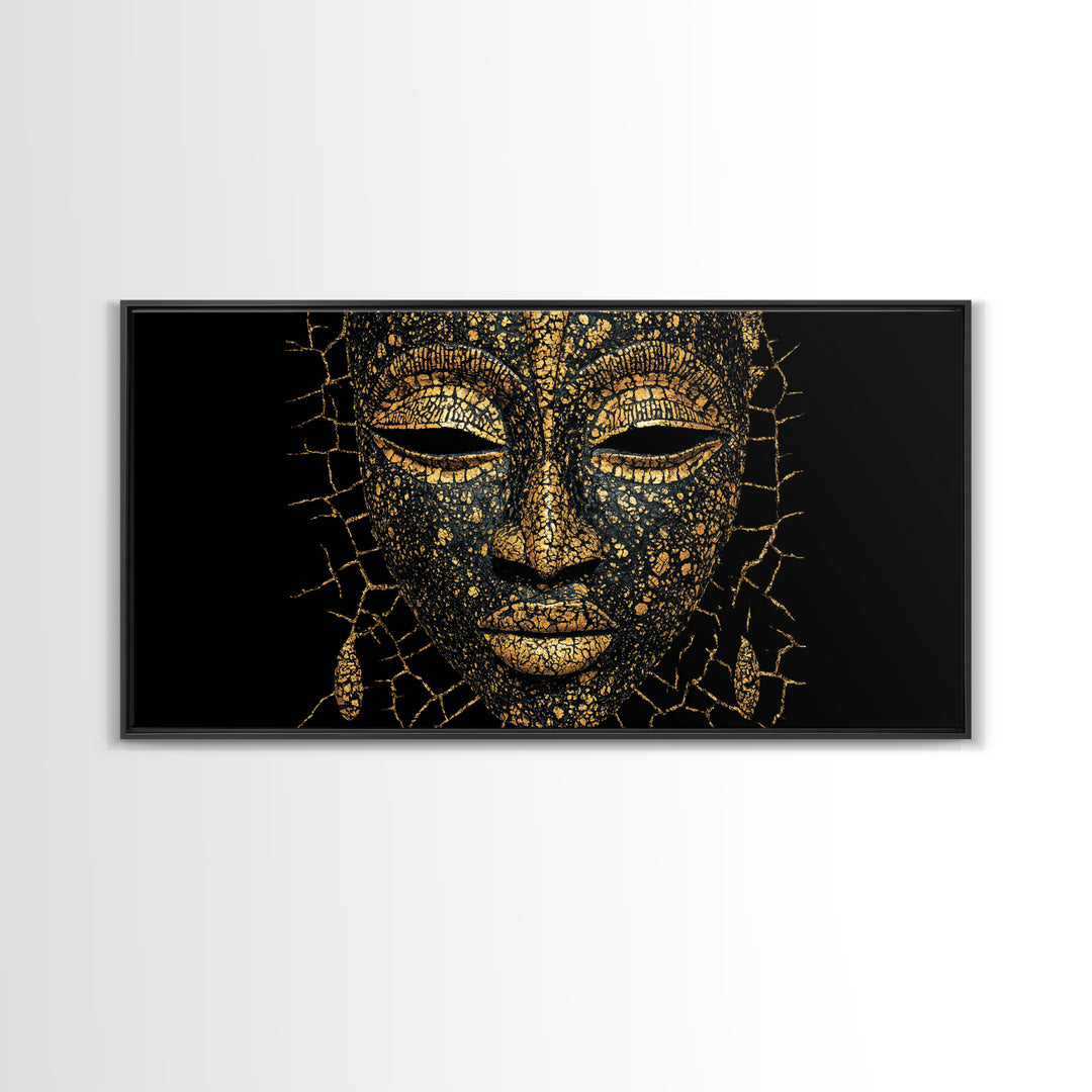 Gold Black African Mask Portrait Wall Art, Textured Tribal Mask Canvas Print, Elegant Afrocentric Decor, Luxury Home Decor