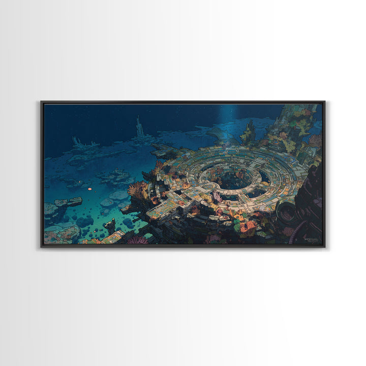 Underwater Futuristic City Wall Art, Sci Fi Ocean Ruins Canvas Print, Afrofuturism Decor, Blue Digital Art For Office Decor