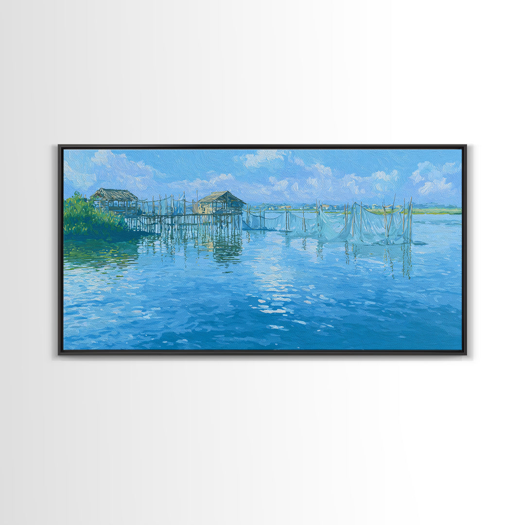 Blue Coastal Fishing Village Wall Art, Serene Water Landscape Canvas Print, Beach Art, Nature Scene Art, Living Room Decor