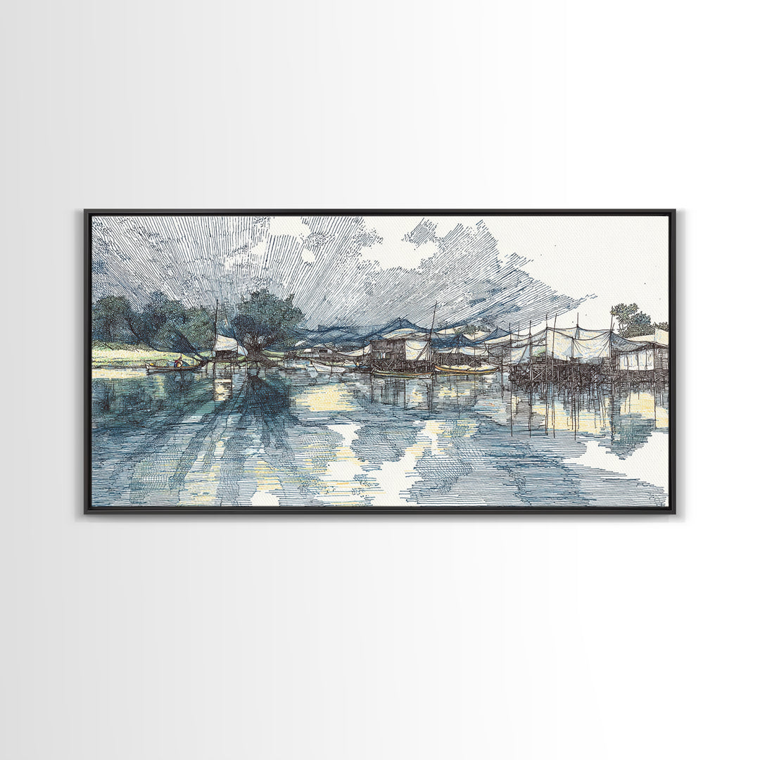 Ink Sketch Fishing Harbor Wall Art, Blue Coastal Village Canvas Print, Minimalist Art, Water Reflection, Office Decor Gift