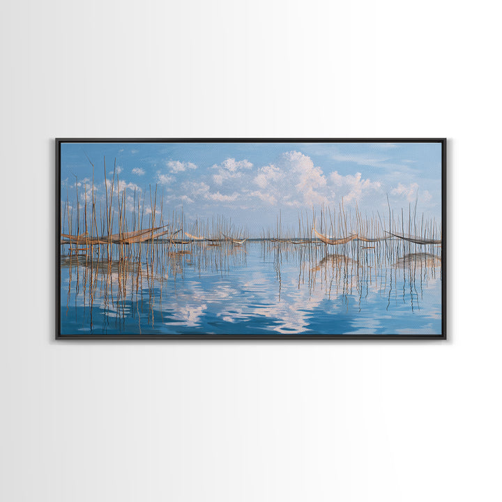 Peaceful Bamboo Fishing Poles Wall Art, Blue Water Landscape Canvas Print, Coastal Nature Scene Art, Elegant Living Room Decor