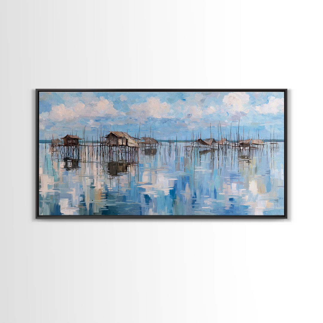 Blue Stilt Village Seascape Reflections Wall Art, Coastal Water Village Canvas Decor, Serene Sky Painting, Living Room Decor