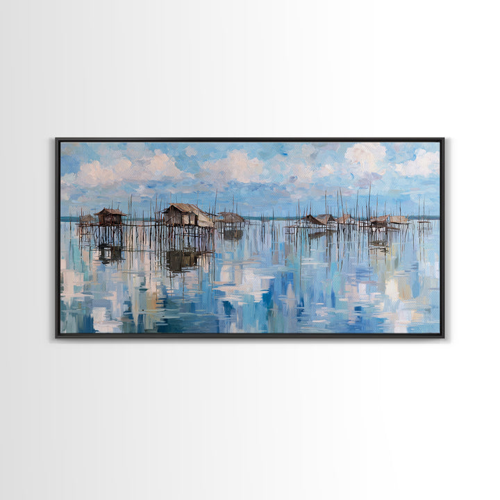 Blue Stilt Village Seascape Reflections Wall Art, Coastal Water Village Canvas Decor, Serene Sky Painting, Living Room Decor