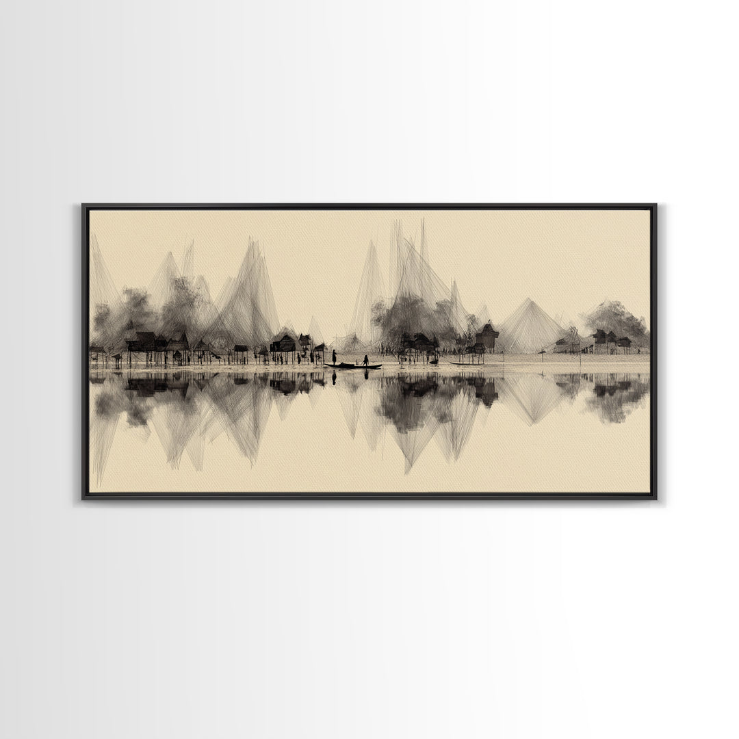 Sepia Ink Lakeside Village Reflections Wall Art, Minimalist Landscape Print, Serene Neutral Decor, Gallery Style Home Decor
