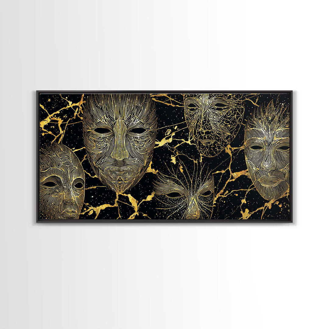 Gold Line African Mask Wall Art, Black And Gold Tribal Art Print, Abstract African Art Decor, Afrocentric Statement Decor