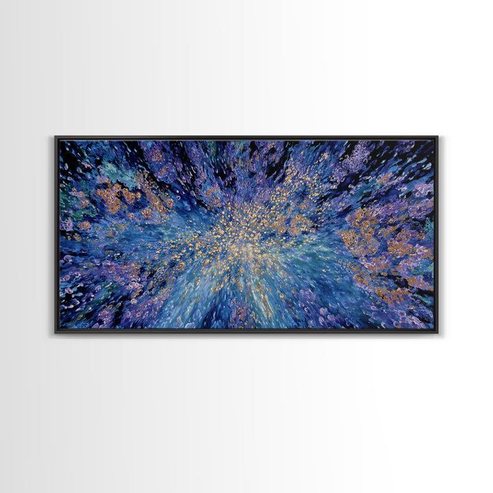 Blue Gold Cosmic Abstract Wall Art, Explosive Modern Canvas Decor, Textured Art Print, Dreamy Statement Living Room Decor